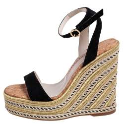 Pre Owned Sophia Webster Black/Gold Suede Lucita Espadrille Wedges Size 38.5