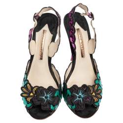 Sophia Webster Multicolor Suede and Coated Fabric Floral Applique Slingback Sandals Size 39