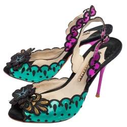 Sophia Webster Multicolor Suede and Coated Fabric Floral Applique Slingback Sandals Size 39