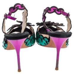 Sophia Webster Multicolor Suede and Coated Fabric Floral Applique Slingback Sandals Size 39
