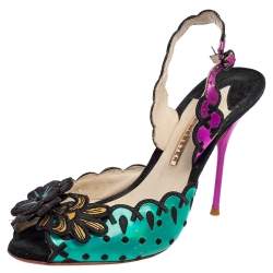 Sophia Webster Multicolor Suede and Coated Fabric Floral Applique Slingback Sandals Size 39