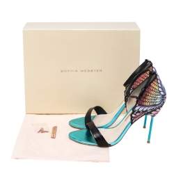 Pre Owned Sophia Webster Black Patent Leather And Peacock Print Fabric Flutura Ankle Strap Sandals Size 41