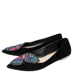 Sophia Webster Black Suede Bibi Butterfly Pointed Toe Ballet Flats Size 38.5