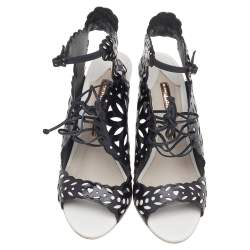 Pre Owned Sophia Webster Black/White Cut Out Patent Leather Keira Doily Sandals Size 37