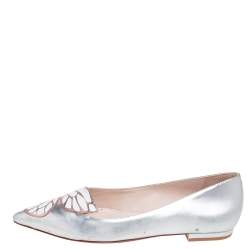 Sophia Webster Silver Leather Bibi Butterfly Pointed Toe Ballet Flats Size 38.5