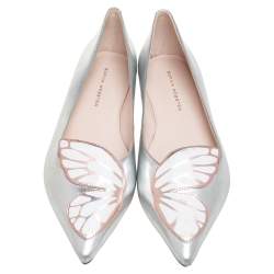 Sophia Webster Silver Leather Bibi Butterfly Pointed Toe Ballet Flats Size 38.5