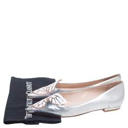 Sophia Webster Silver Leather Bibi Butterfly Pointed Toe Ballet Flats Size 38.5