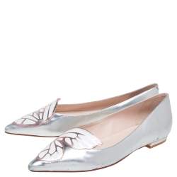 Sophia Webster Silver Leather Bibi Butterfly Pointed Toe Ballet Flats Size 38.5