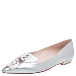 Sophia Webster Silver Leather Bibi Butterfly Pointed Toe Ballet Flats Size 38.5