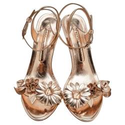 Pre Owned Sophia Webster Metallic Gold Leather Lilico Floral Embellished Slingback Sandals Size 38