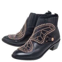 Pre Owned Sophia Webster Black Leather Karina Butterfly Studded Ankle Boots Size 37