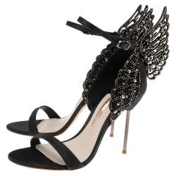 Pre Owned Sophia Webster Black Satin and Studs Embellished Cut-Out Suede Evangeline Ankle-Strap Sandals Size 39