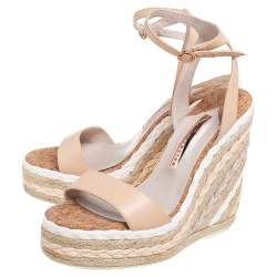 Pre Owned Sophia Webster Beige Leather Lucita Rafia Wedges Size 39.5