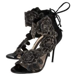 Pre Owned Sophia Webster Black Suede And Lace Winona Embroidered Ankle Cuff Sandals Size 37