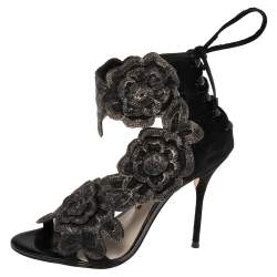 Pre Owned Sophia Webster Black Suede And Lace Winona Embroidered Ankle Cuff Sandals Size 37