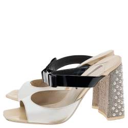 Sophia Webster White/Black Patent Leather Crystal Block Heel Sandals Size 39