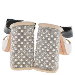 Sophia Webster White/Black Patent Leather Crystal Block Heel Sandals Size 39