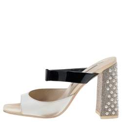 Sophia Webster White/Black Patent Leather Crystal Block Heel Sandals Size 39