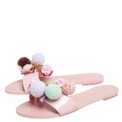 Pre Owned Sophia Webster Blush Pink Patent Leather Jada Pom Pom Flat Slide Sandals Size 39