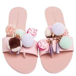 Pre Owned Sophia Webster Blush Pink Patent Leather Jada Pom Pom Flat Slide Sandals Size 39