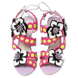 Pre Owned Sophia Webster Multicolor Leather and PVC Amazona Ankle-Tie Sandals Size 38.5