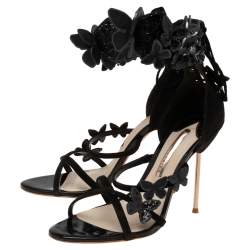 Pre Owned Sophia Webster Black Suede And Patent Floral Embroidered Ankle Strap Sandals Size 39