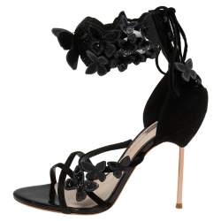 Pre Owned Sophia Webster Black Suede And Patent Floral Embroidered Ankle Strap Sandals Size 39