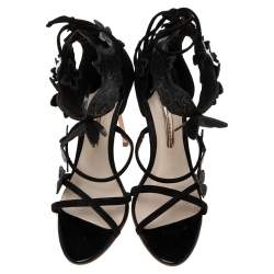 Pre Owned Sophia Webster Black Suede And Patent Floral Embroidered Ankle Strap Sandals Size 39
