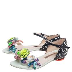 Pre Owned Sophia Webster Multicolor Patent Leather And Leather Floral Embellished Ankle Strap Flat Sandals Size 37.5