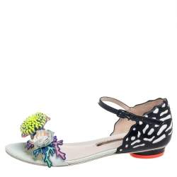 Pre Owned Sophia Webster Multicolor Patent Leather And Leather Floral Embellished Ankle Strap Flat Sandals Size 37.5