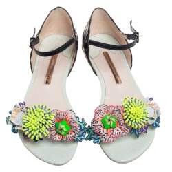 Pre Owned Sophia Webster Multicolor Patent Leather And Leather Floral Embellished Ankle Strap Flat Sandals Size 37.5