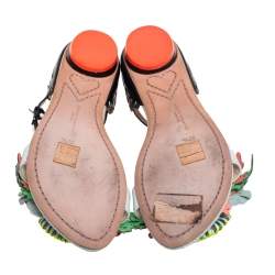 Pre Owned Sophia Webster Multicolor Patent Leather And Leather Floral Embellished Ankle Strap Flat Sandals Size 37.5