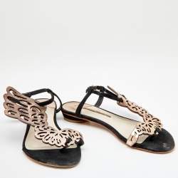 Pre Owned Sophia Webster Metallic Rose Gold/Black Leather and Suede Seraphina Angel Wing Flat Sandals Size 39.5