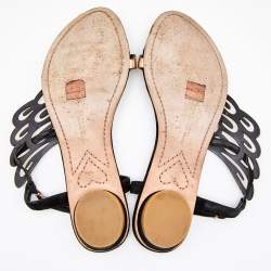 Pre Owned Sophia Webster Metallic Rose Gold/Black Leather and Suede Seraphina Angel Wing Flat Sandals Size 39.5