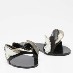 Pre Owned Sophia Webster Black/White Leather And Patent Laser Cut Soleil Flat Sandals Size 40.5