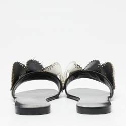 Pre Owned Sophia Webster Black/White Leather And Patent Laser Cut Soleil Flat Sandals Size 40.5