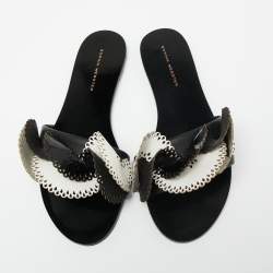 Pre Owned Sophia Webster Black/White Leather And Patent Laser Cut Soleil Flat Sandals Size 40.5