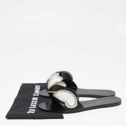 Pre Owned Sophia Webster Black/White Leather And Patent Laser Cut Soleil Flat Sandals Size 40.5