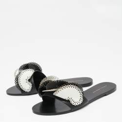 Pre Owned Sophia Webster Black/White Leather And Patent Laser Cut Soleil Flat Sandals Size 40.5