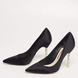 Pre Owned Sophia Webster Black Satin Coco Crystal Embellished Heel Pumps Size 39.5