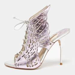 Pre Owned Sophia Webster Metallic Purple Laser Cut Foil Leather Cherub Winged Lace Up Mule Sandals Size 39