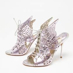 Pre Owned Sophia Webster Metallic Purple Laser Cut Foil Leather Cherub Winged Lace Up Mule Sandals Size 39