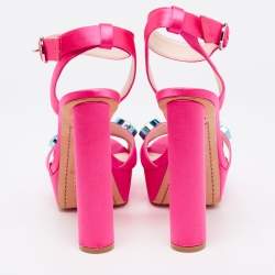 Pre Owned Sophia Webster Neon Pink Satin Crystal Embellished Amanda Platform Sandals Size 40.5