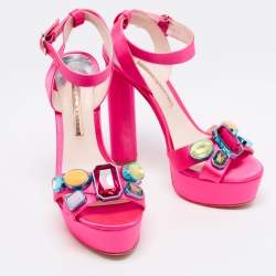 Pre Owned Sophia Webster Neon Pink Satin Crystal Embellished Amanda Platform Sandals Size 40.5