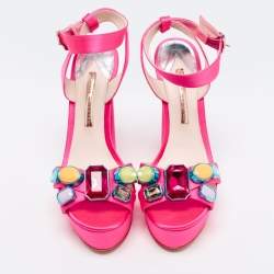 Pre Owned Sophia Webster Neon Pink Satin Crystal Embellished Amanda Platform Sandals Size 40.5