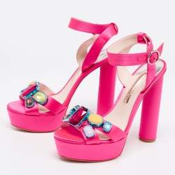 Pre Owned Sophia Webster Neon Pink Satin Crystal Embellished Amanda Platform Sandals Size 40.5