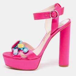 Pre Owned Sophia Webster Neon Pink Satin Crystal Embellished Amanda Platform Sandals Size 40.5