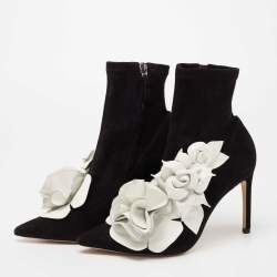 Pre Owned Sophia Webster Black Suede Jumbo Lilico Floral Applique Ankle Boots Size 36.5