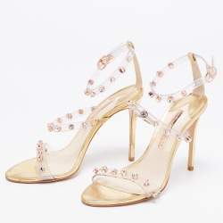 Pre Owned Sophia Webster Metallic Gold PVC And Leather Rosalind Crystal Embellished Ankle Strap Sandals Size 39.5