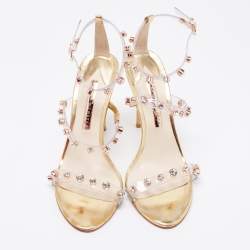 Pre Owned Sophia Webster Metallic Gold PVC And Leather Rosalind Crystal Embellished Ankle Strap Sandals Size 39.5
